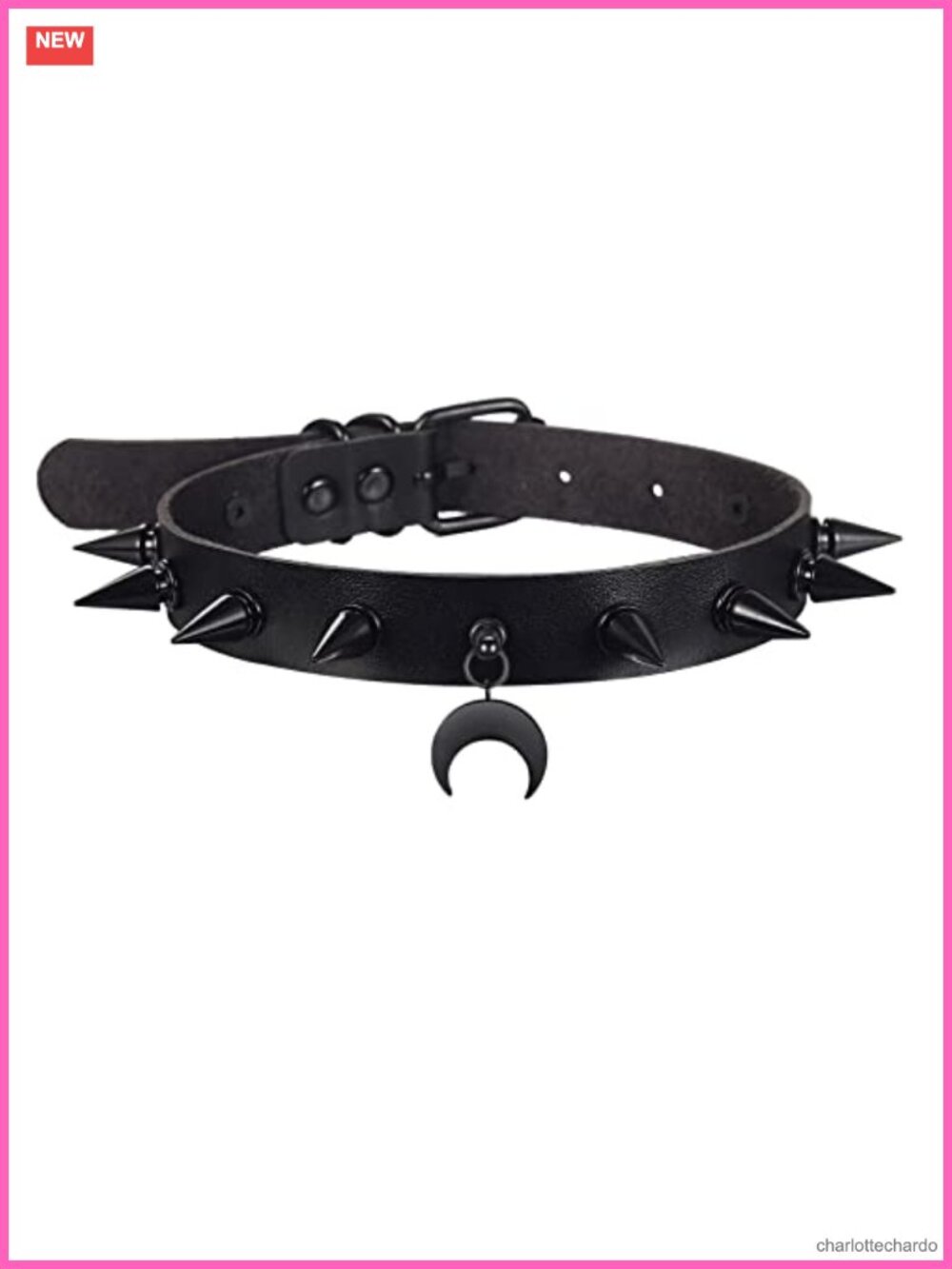 Gothic Choker Necklace Faux Leather Spiked Moon Pendant Punk Collar Cosplay